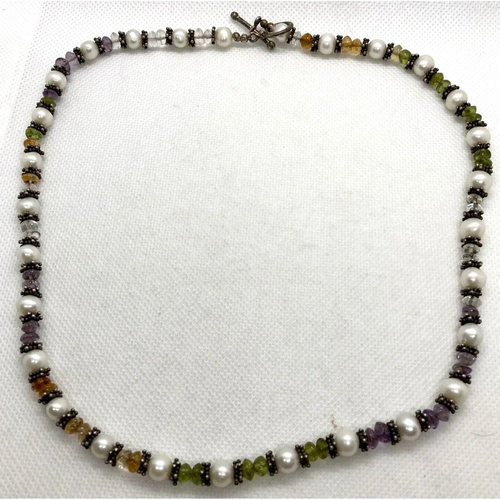 Vintage Pearl Amethyst Peridot Citrine‎ 20'' Necklace Sterling 925 Silver 42.2g